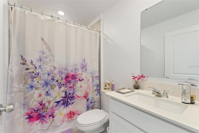 full bathroom with vanity, toilet, and shower / bathtub combination with curtain