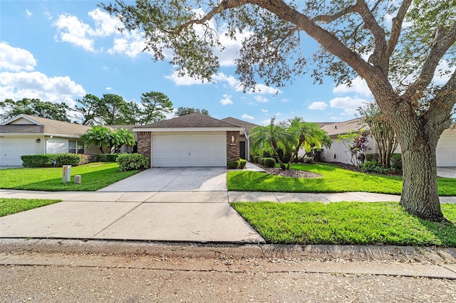 ranch-style house with a garage and a front lawn