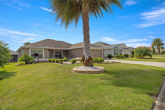 ranch-style home featuring a front yard and a garage