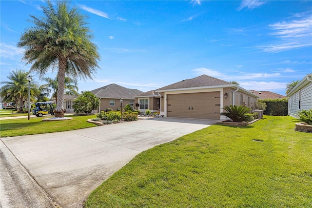 ranch-style home with a front lawn and a garage