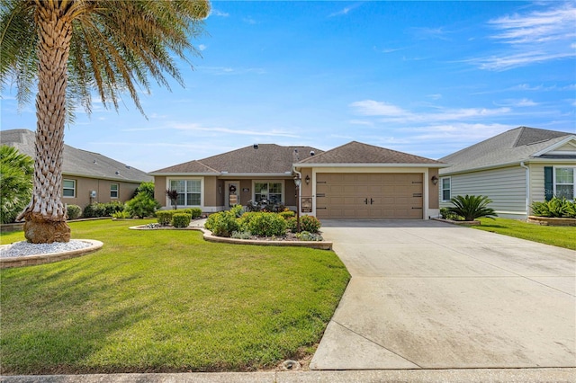 ranch-style home featuring a front lawn and a garage