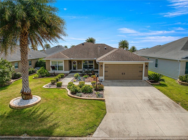 single story home featuring a front yard and a garage