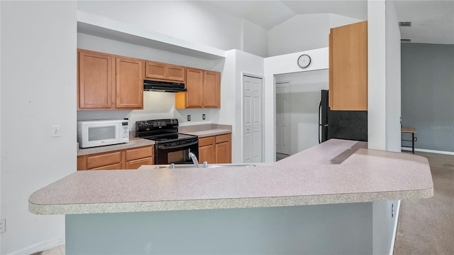 kitchen featuring light colored carpet, vaulted ceiling, kitchen peninsula, black appliances, and extractor fan