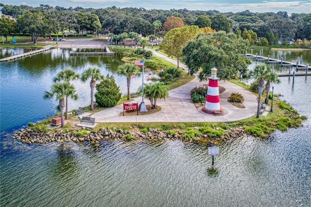 birds eye view of property featuring a water view