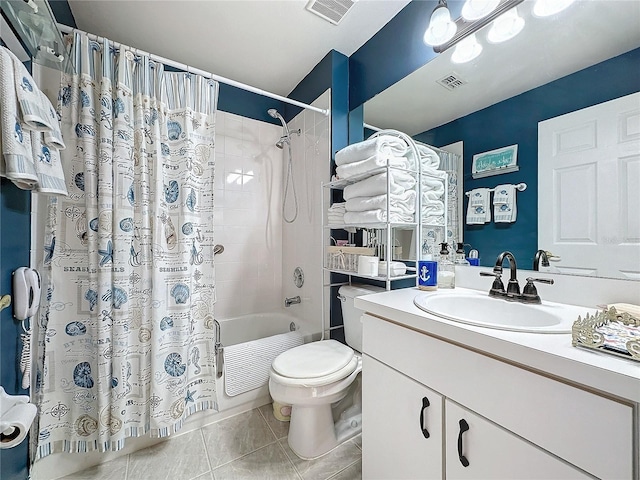 full bathroom with vanity, shower / bath combination with curtain, toilet, and tile patterned floors