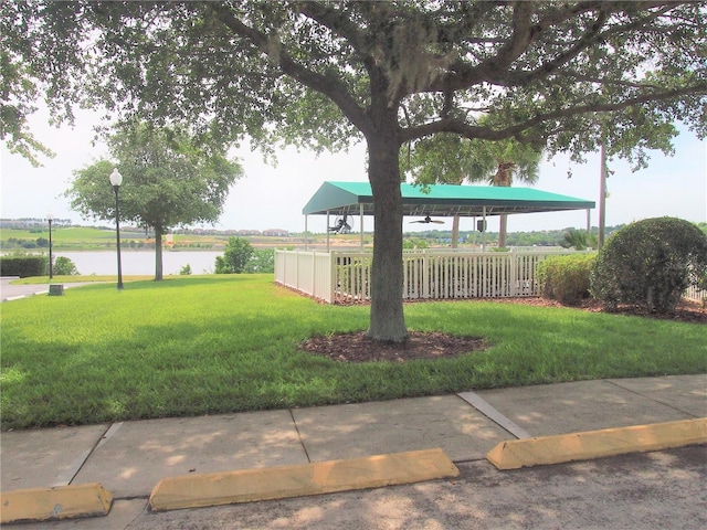 view of community featuring a water view and a lawn