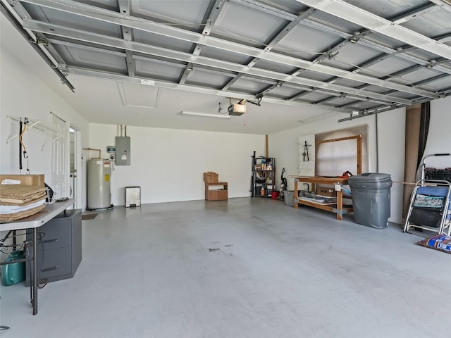 garage with water heater, electric panel, and a garage door opener