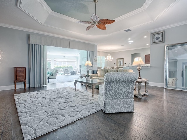 living room with dark wood-type flooring and crown molding