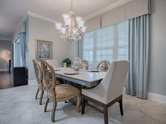 dining area with crown molding and a chandelier