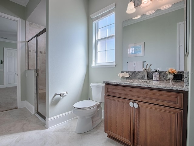 bathroom featuring toilet, tile patterned flooring, ornamental molding, vanity, and walk in shower