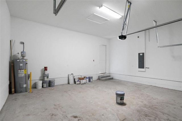 garage featuring electric panel, a garage door opener, and water heater