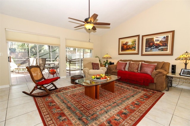 tiled living room featuring ceiling fan and vaulted ceiling