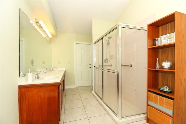 bathroom featuring tile patterned flooring, vanity, and an enclosed shower