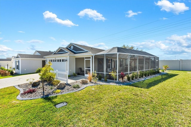 ranch-style house with a front yard, a garage, and a lanai