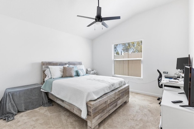 bedroom featuring lofted ceiling, light carpet, and ceiling fan