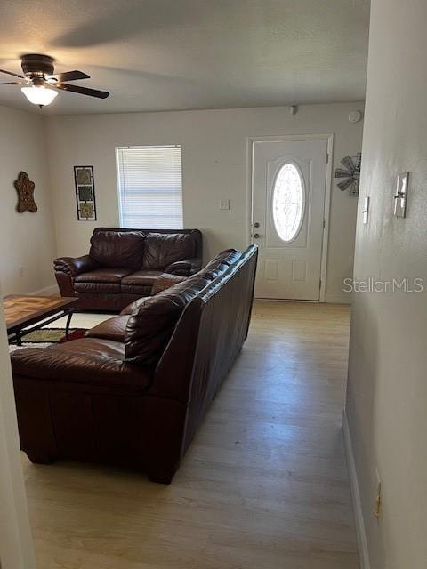 living room featuring light hardwood / wood-style floors and ceiling fan