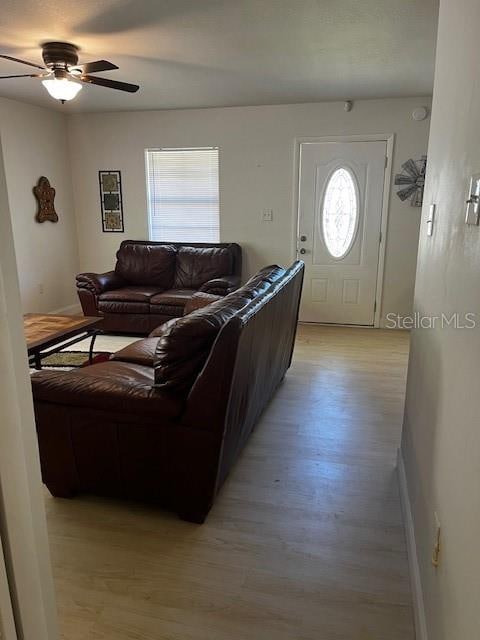 living room featuring light hardwood / wood-style flooring and ceiling fan