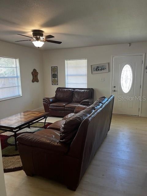 living room with light hardwood / wood-style flooring and ceiling fan