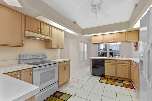 kitchen featuring kitchen peninsula, ceiling fan, light tile patterned floors, light brown cabinetry, and white appliances