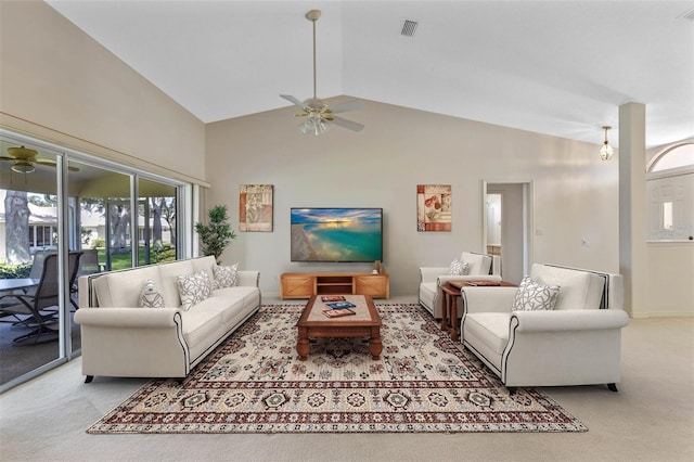 living room with light carpet, high vaulted ceiling, and ceiling fan