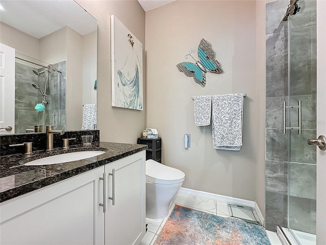 bathroom with toilet, an enclosed shower, vanity, and tile patterned flooring