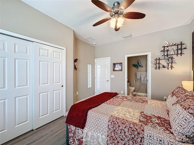 bedroom with a closet, ensuite bathroom, hardwood / wood-style floors, and ceiling fan