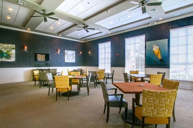 carpeted dining area featuring beam ceiling, ornamental molding, and coffered ceiling