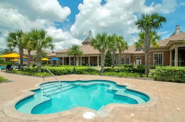 view of swimming pool featuring a patio area