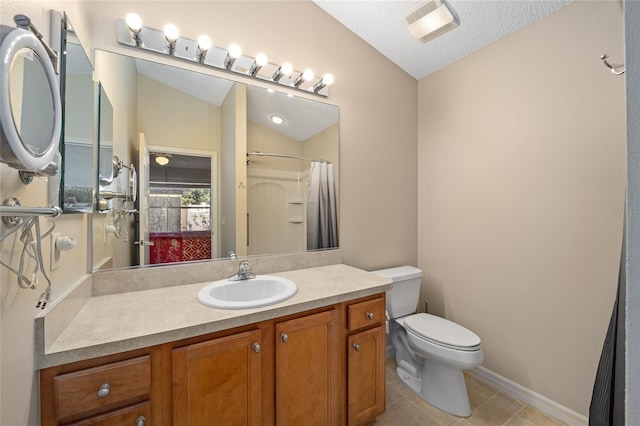 bathroom with lofted ceiling, toilet, vanity, a textured ceiling, and walk in shower