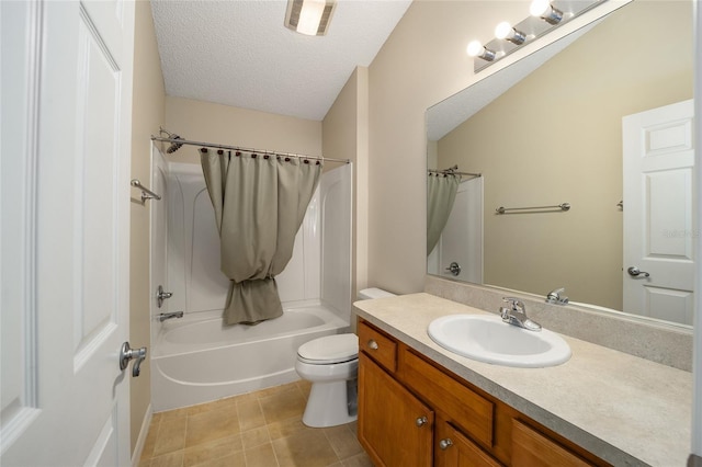 full bathroom featuring vanity, a textured ceiling, toilet, and shower / bath combination with curtain