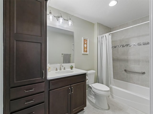 full bathroom featuring vanity, shower / bath combination with curtain, toilet, and tile patterned floors