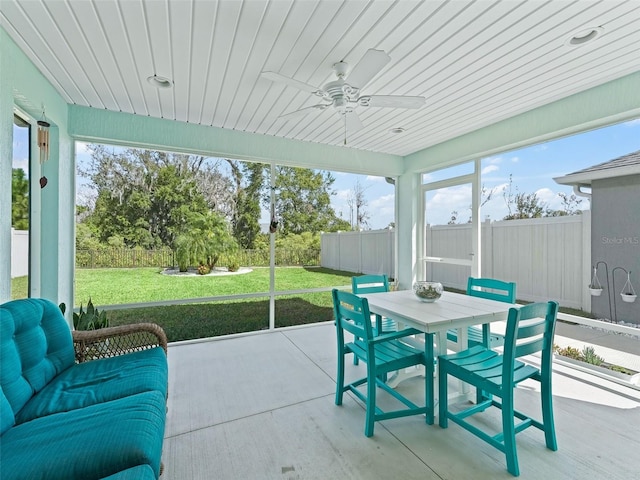 sunroom featuring wood ceiling and ceiling fan