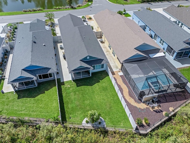 aerial view featuring a water view