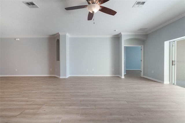 spare room with ornamental molding, light hardwood / wood-style floors, and ceiling fan