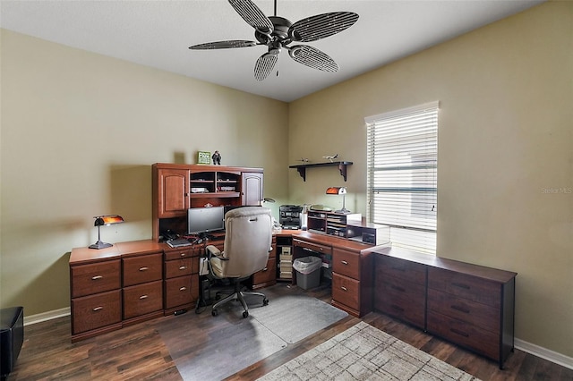 office featuring dark wood-type flooring and ceiling fan