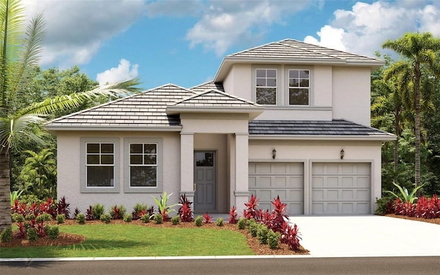 view of front facade with a front lawn and a garage