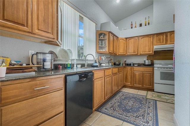 kitchen with lofted ceiling, light tile patterned floors, dishwasher, white range oven, and sink