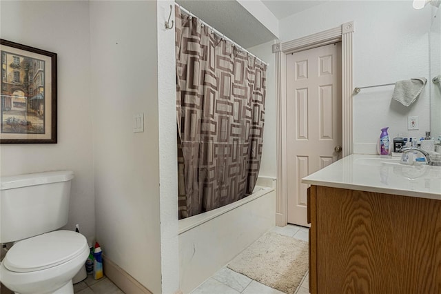 full bathroom with vanity, shower / bath combination with curtain, toilet, and tile patterned floors