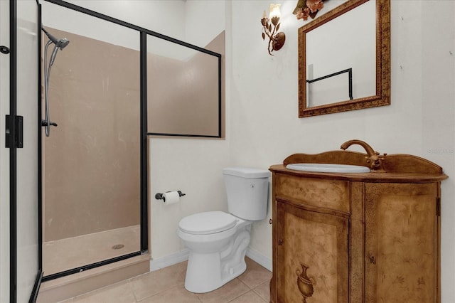 bathroom featuring vanity, toilet, tile patterned floors, and a shower with door