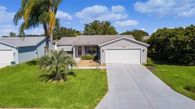 single story home with concrete driveway, a front lawn, and an attached garage