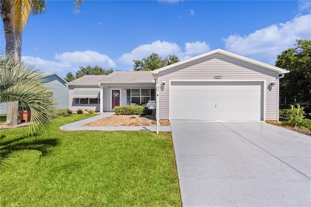 ranch-style house featuring driveway, a front lawn, and an attached garage