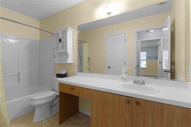 full bath with shower / bathtub combination with curtain, toilet, a textured ceiling, vanity, and tile patterned floors