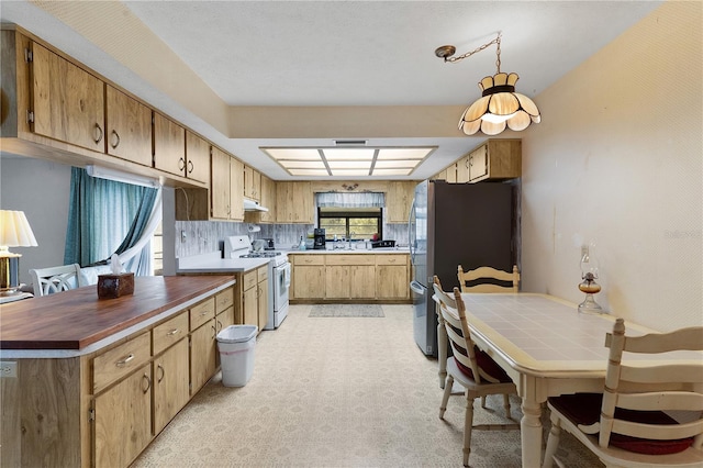 kitchen featuring stainless steel refrigerator, decorative backsplash, electric range, and a wealth of natural light