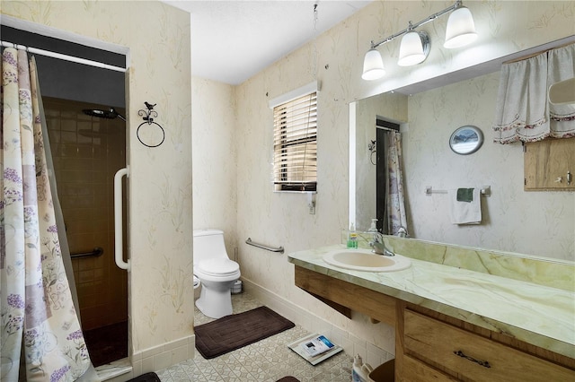 bathroom featuring vanity, toilet, tile patterned flooring, and a shower with shower curtain