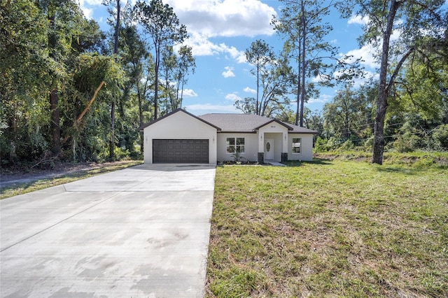 ranch-style home featuring a garage and a front lawn