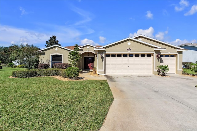 ranch-style house with a front yard and a garage