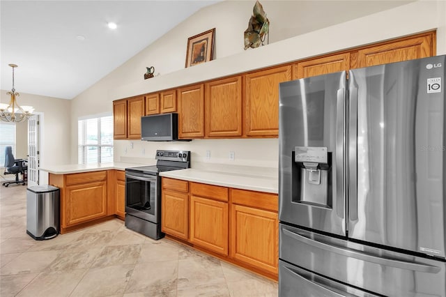 kitchen with kitchen peninsula, a notable chandelier, pendant lighting, appliances with stainless steel finishes, and high vaulted ceiling