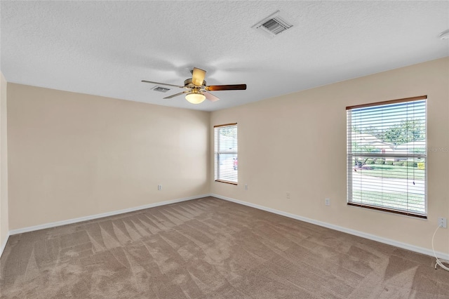 carpeted spare room with a textured ceiling, plenty of natural light, and ceiling fan