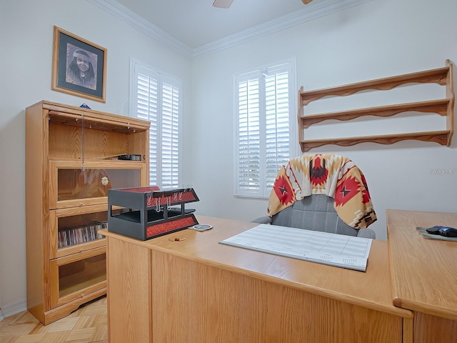 office space with crown molding and light parquet flooring