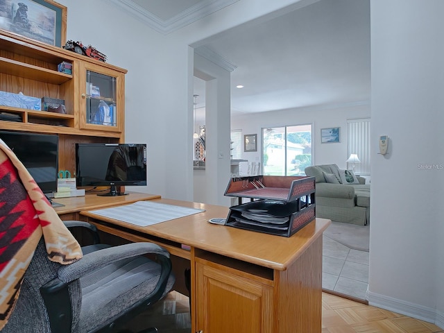 home office featuring ornamental molding and light parquet flooring